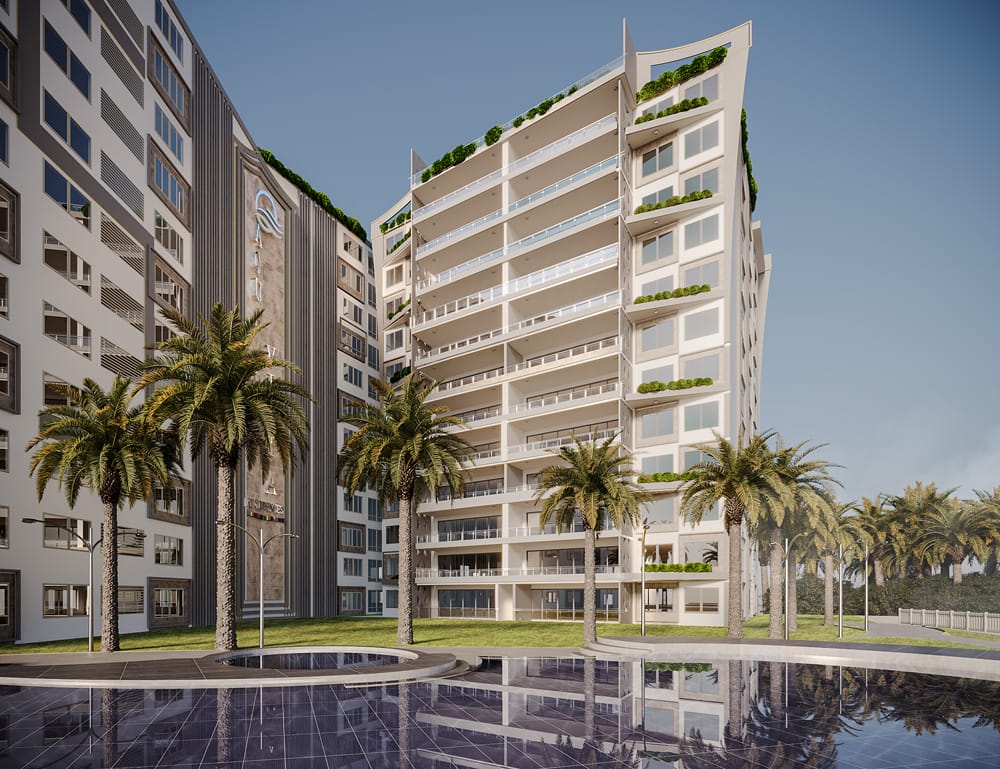 Rendering of Aquavista Residences, Old Nyali, Mombasa: white apartment towers behind palm trees and a reflecting pool