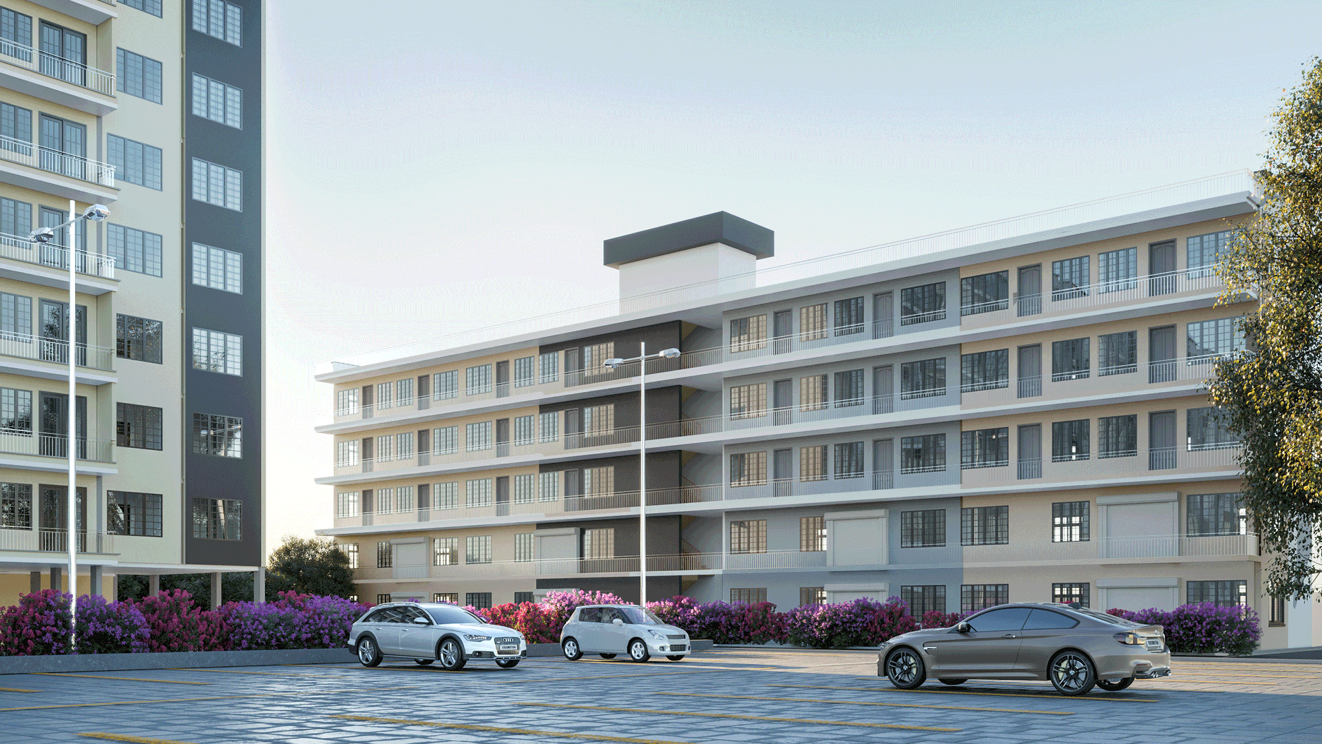 Rendering of Fairvalley Heights, Athi River, showing apartment blocks behind a paved car park and flowering shrubs