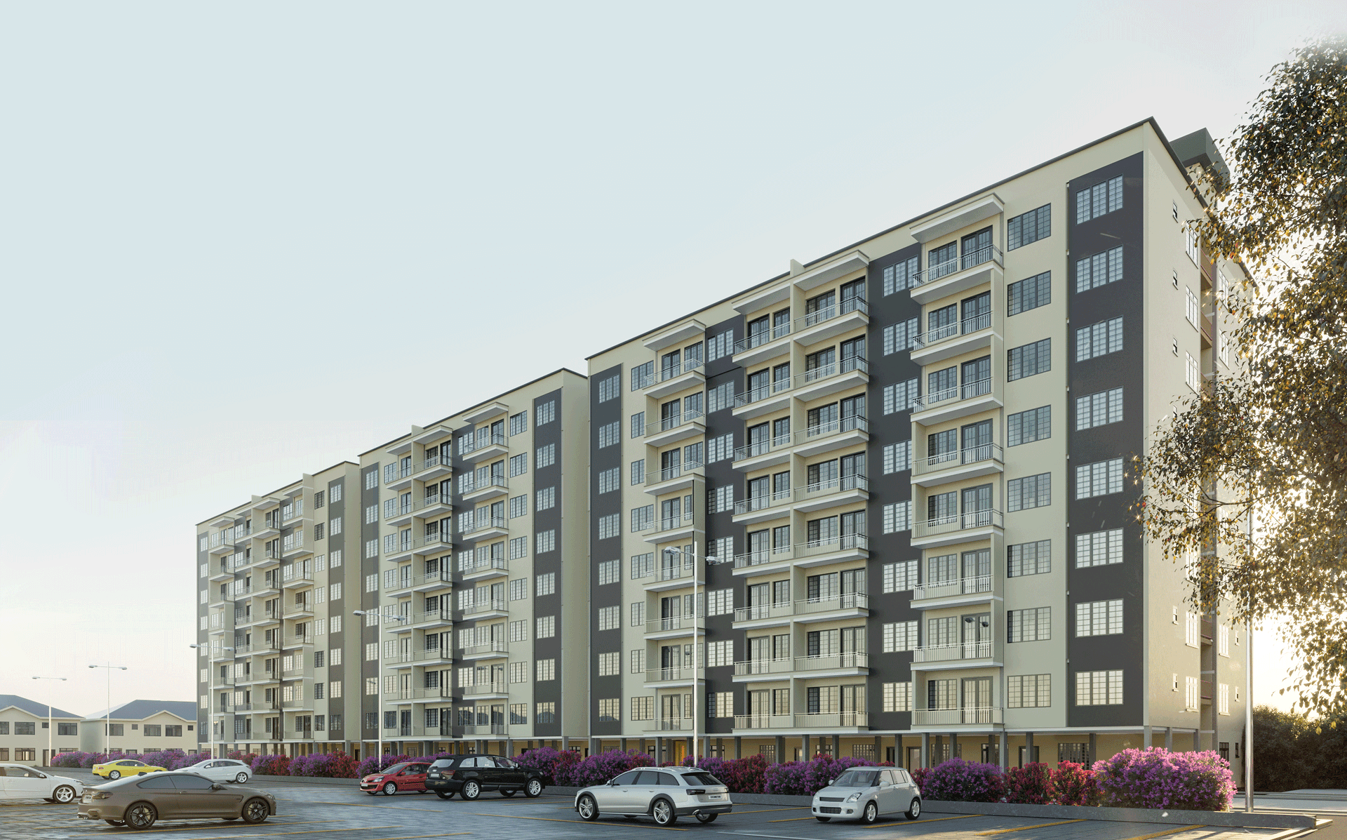 Artist's impression of Fairvalley Heights, Athi River: tall apartment blocks with balconies behind a paved car park