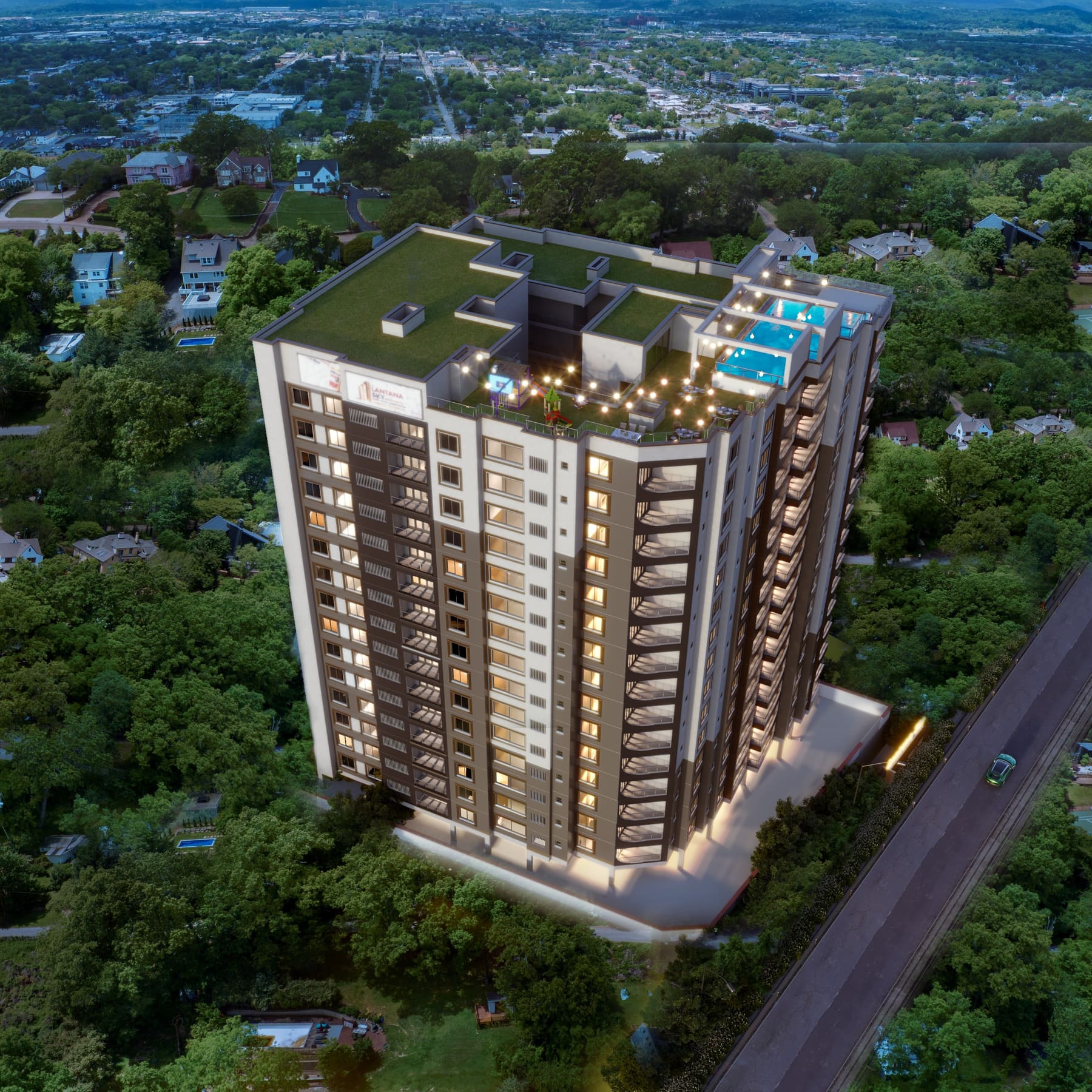 Aerial dusk rendering of the Lantana Sky Apartments tower in Westlands, Nairobi, with its rooftop pool and green roofs