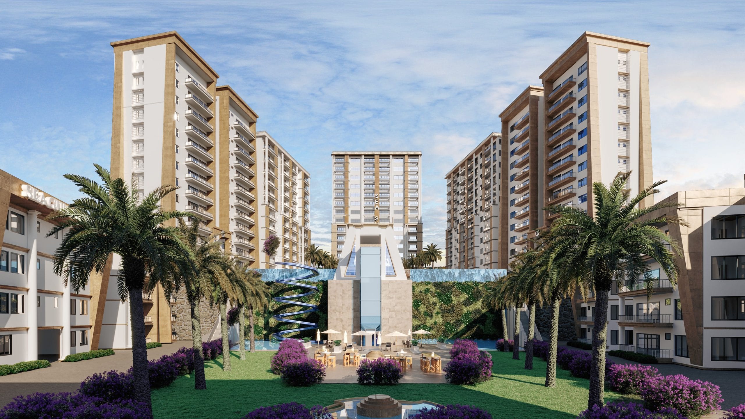 Artist's impression of Sandyshore Apartments, Mombasa North Coast: towers around a palm garden with a spiral water slide