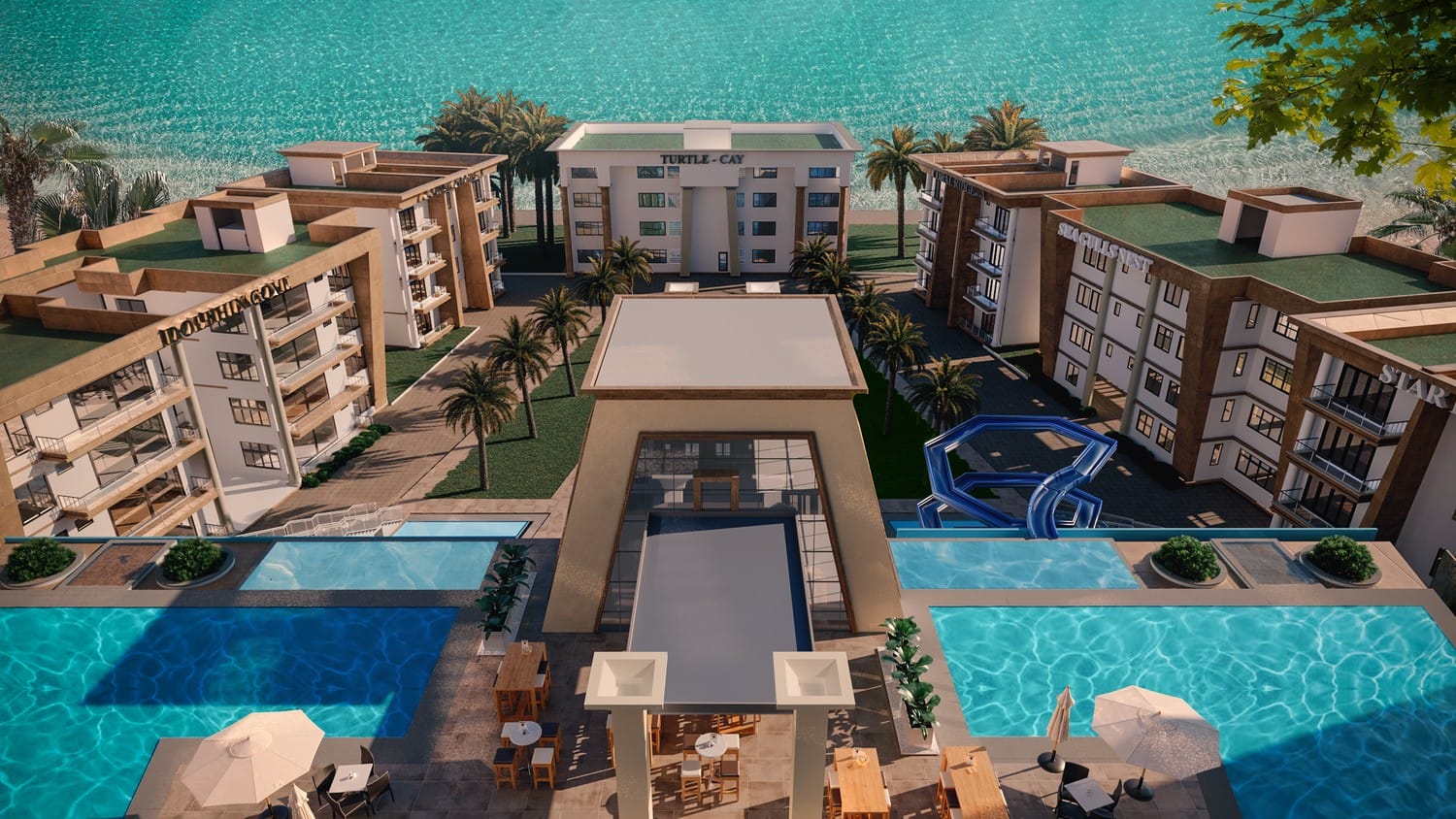 Aerial artist's impression of Sandyshore Apartments, Mombasa North Coast, with pools and a water slide by the sea
