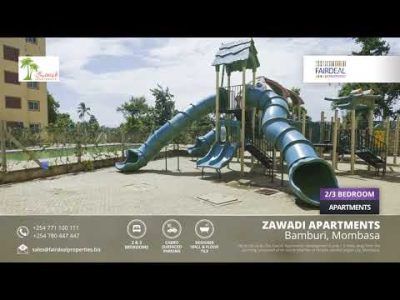 Video thumbnail: playground with blue tube slides and a banner for 2 and 3 bedroom Zawadi Apartments, Bamburi, Mombasa